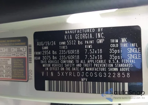 2025 Kia Sorento S z USA, uszkodzony, nr VIN 5XYRLDJC0SG322858